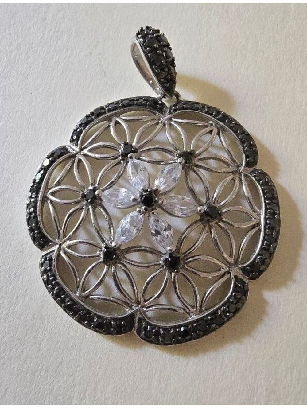 Sterling Silver Flower of Life Pendant Black & Clear Stone Sacred Geometry